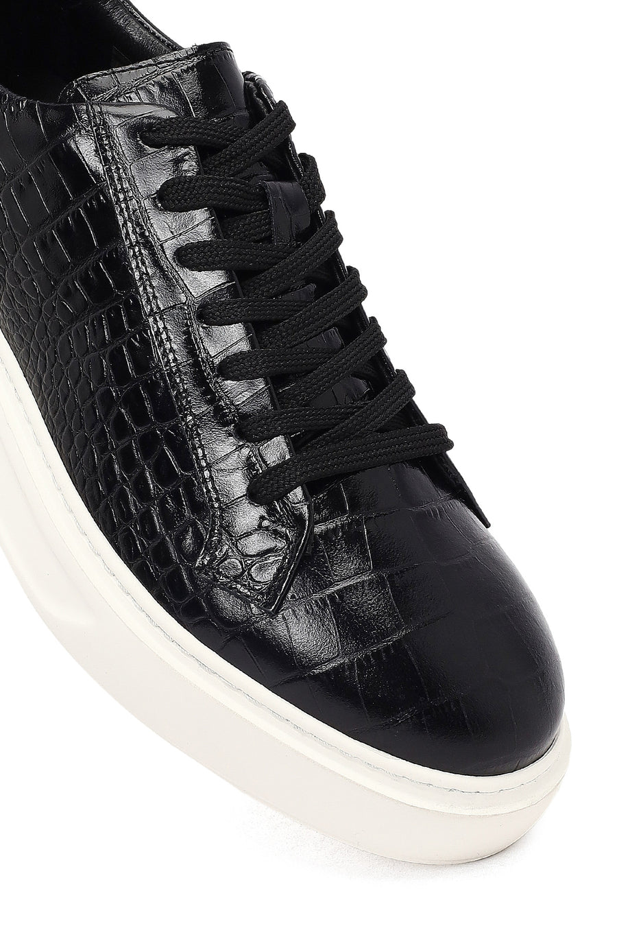 Erkek Siyah Kroko Bağcıklı Deri Sneaker