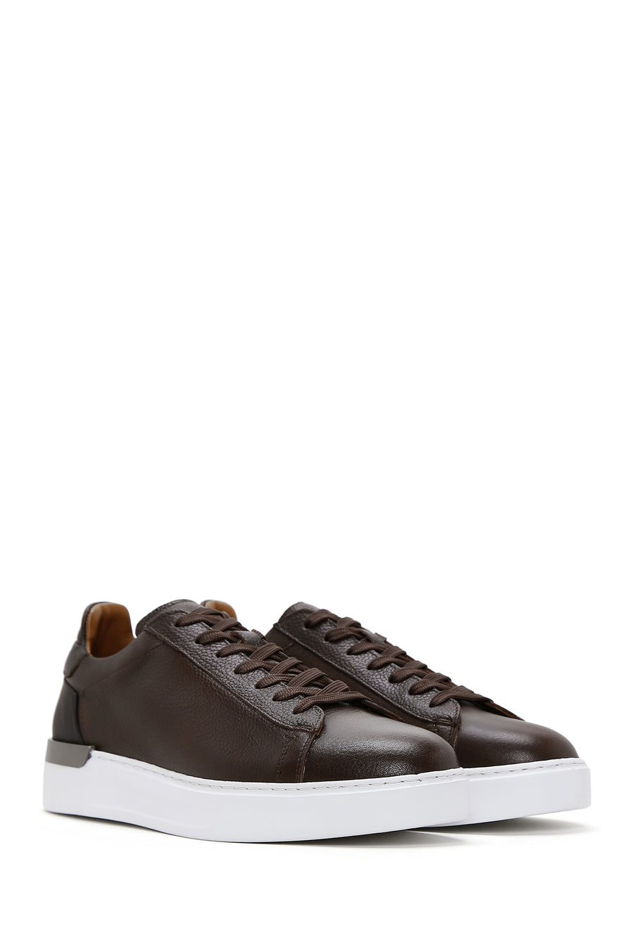 Men's Brown Lace-Up Thick-Soled Leather Sneakers