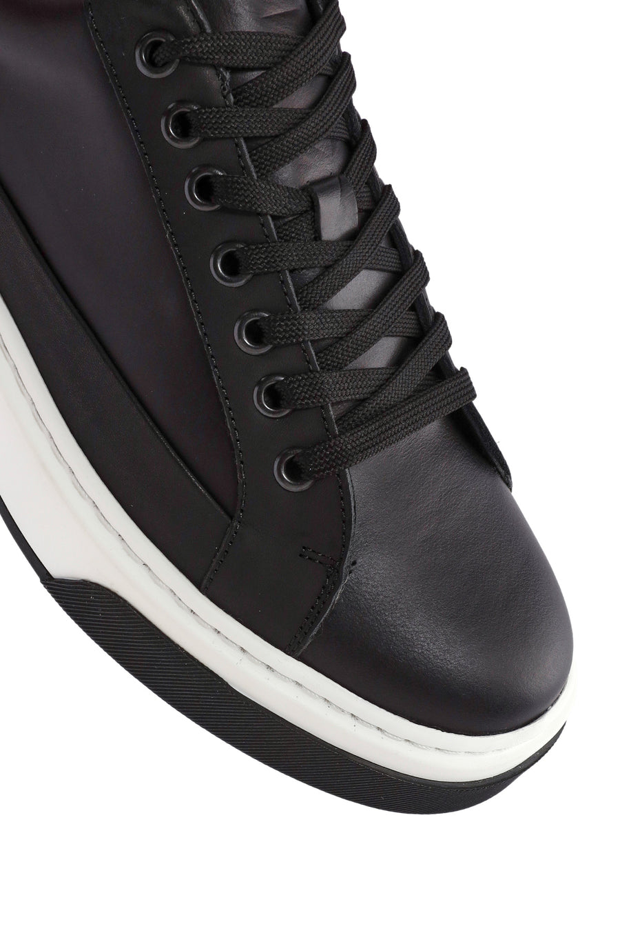Men's Black Lace-Up Thick Sole Leather Sneakers
