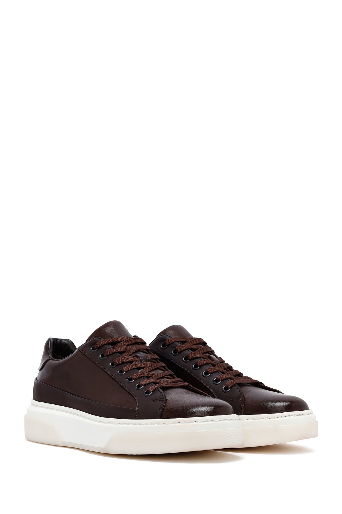 Erkek Kahverengi Bağcıklı Kalın Tabanlı Deri Sneaker