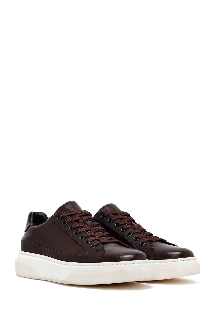 Men's Brown Lace-Up Thick-Soled Leather Sneakers