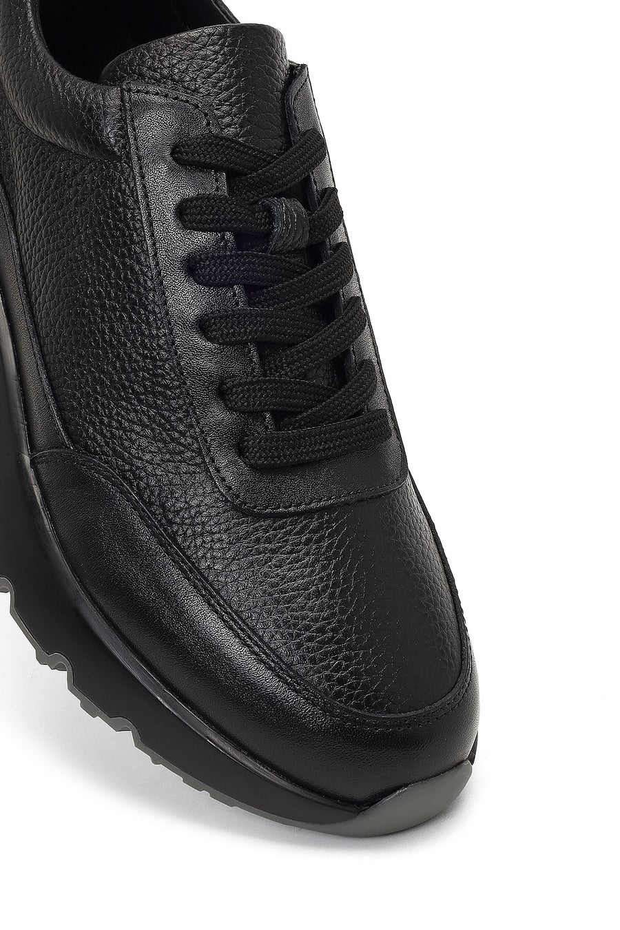 Erkek Siyah Bağcıklı Kalın Tabanlı Deri Sneaker