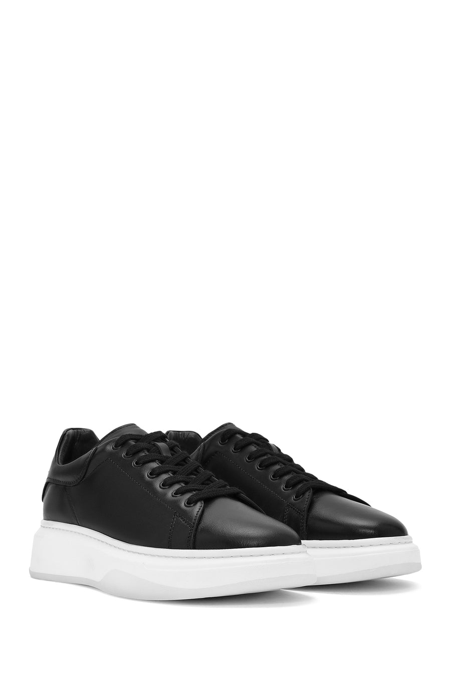 Erkek Siyah Bağcıklı Kalın Tabanlı Deri Sneaker