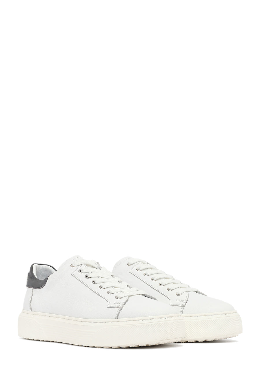 Erkek Beyaz Bağcıklı Kalın Tabanlı Deri Sneaker