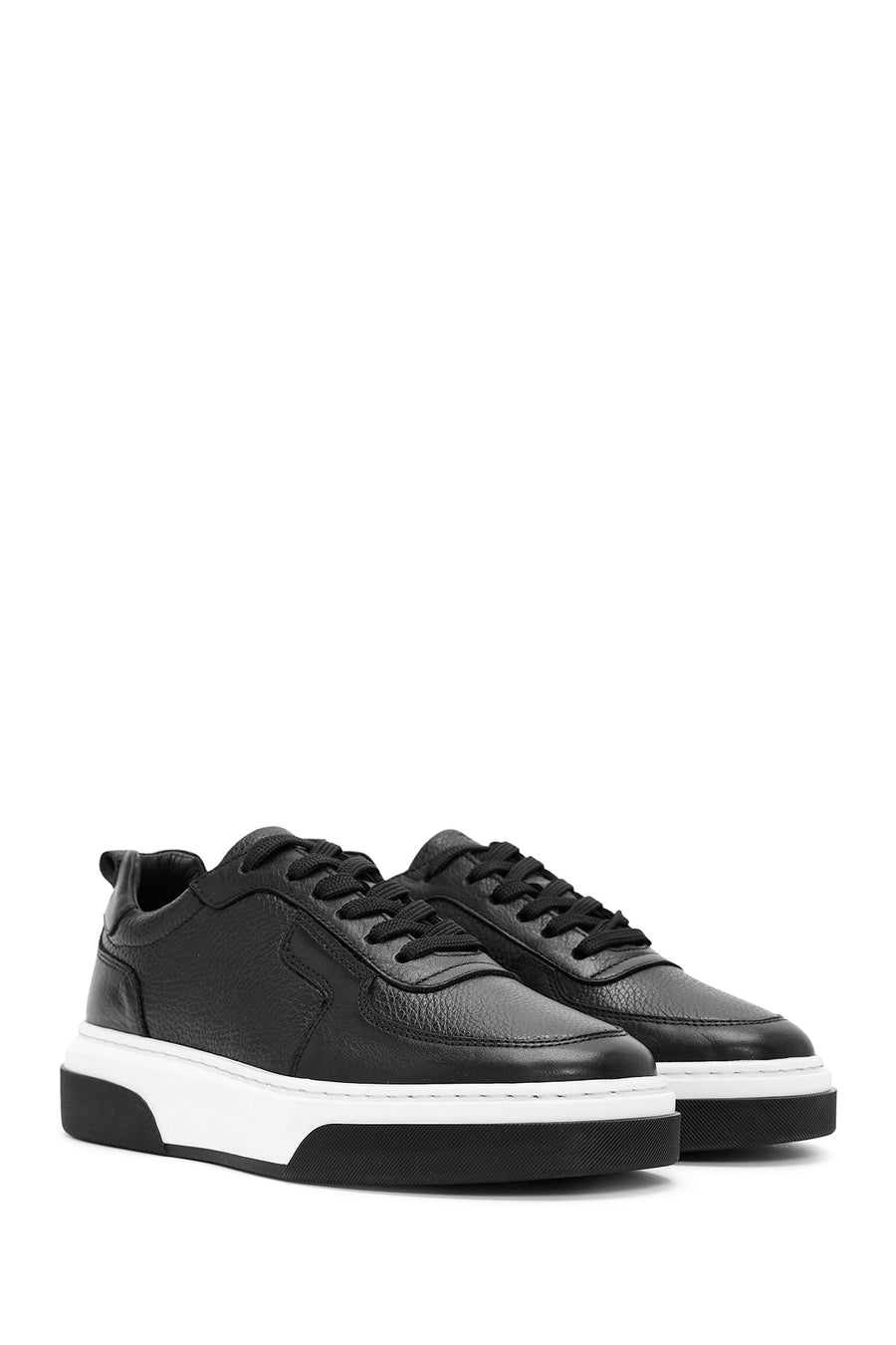 Men's Black Lace-Up Thick Sole Leather Sneakers