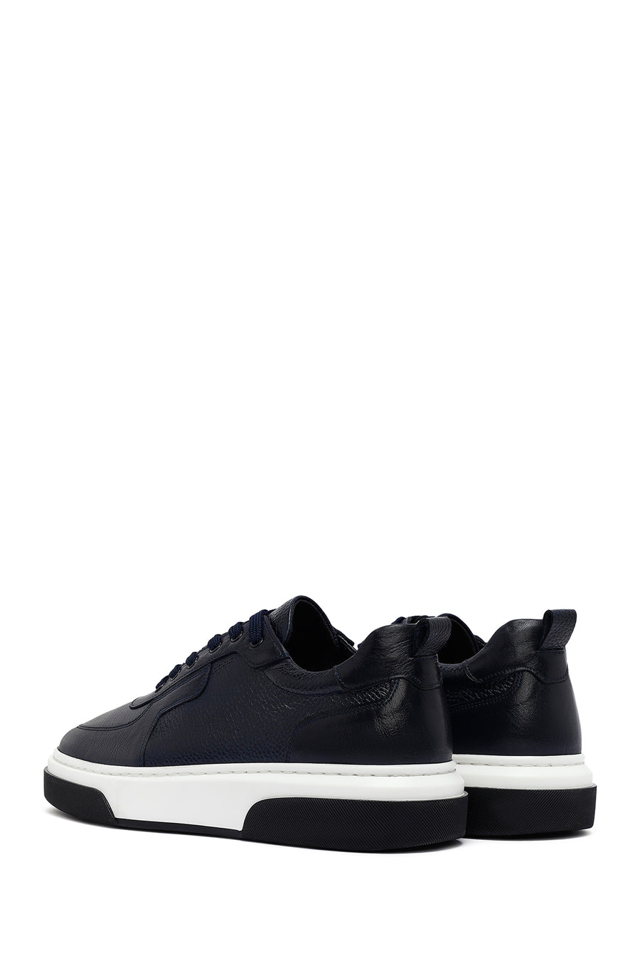 Men's Navy Blue Lace-Up Thick-Soled Leather Sneakers