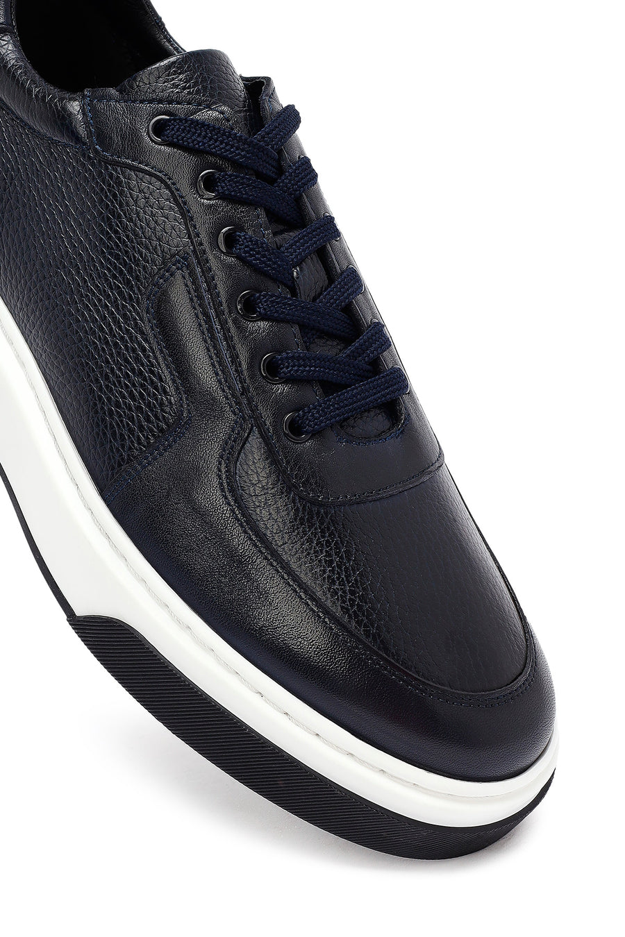 Men's Navy Blue Lace-Up Thick-Soled Leather Sneakers