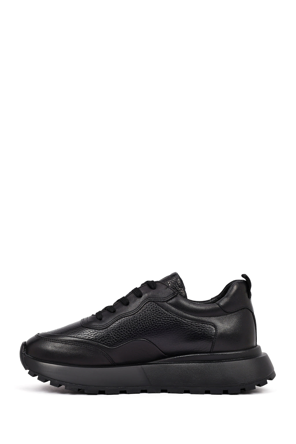Erkek Siyah Bağcıklı Kalın Tabanlı Deri Sneaker