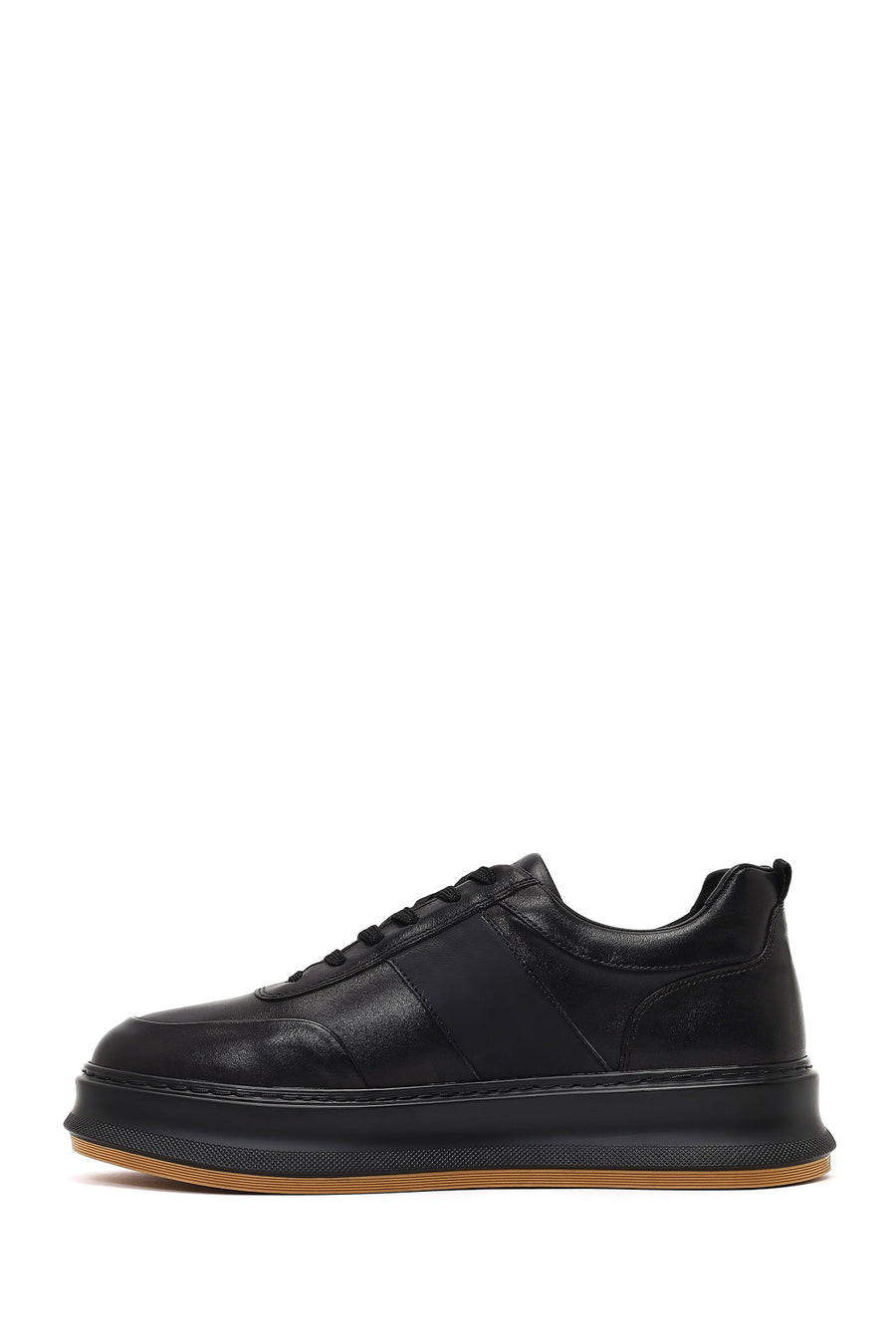 Erkek Siyah Bağcıklı Kalın Tabanlı Deri Sneaker