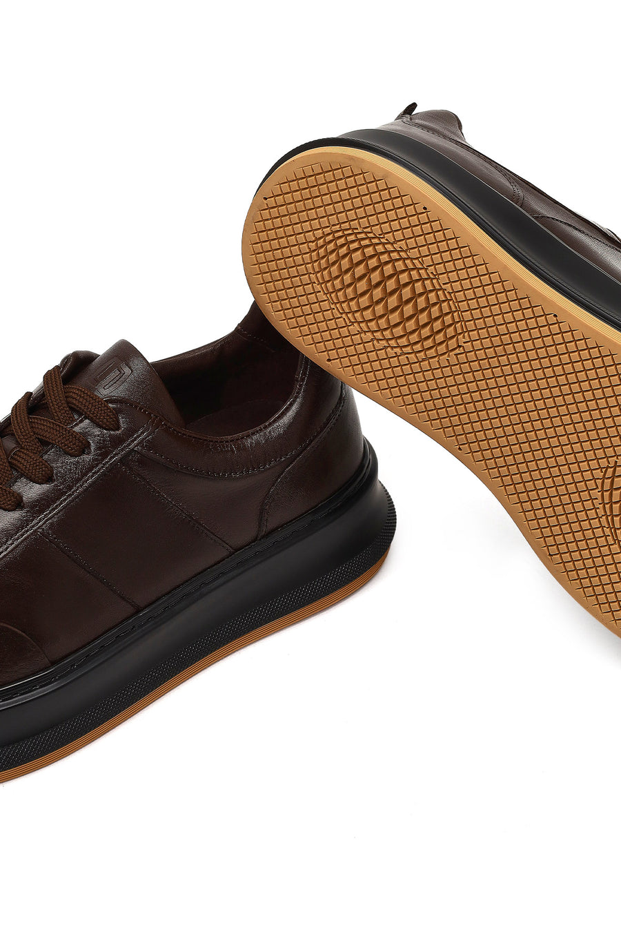Erkek Kahverengi Bağcıklı Kalın Tabanlı Deri Sneaker