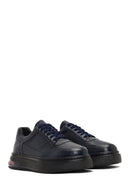 Men's Navy Blue Lace-Up Thick Sole Leather Sneaker | Derimod