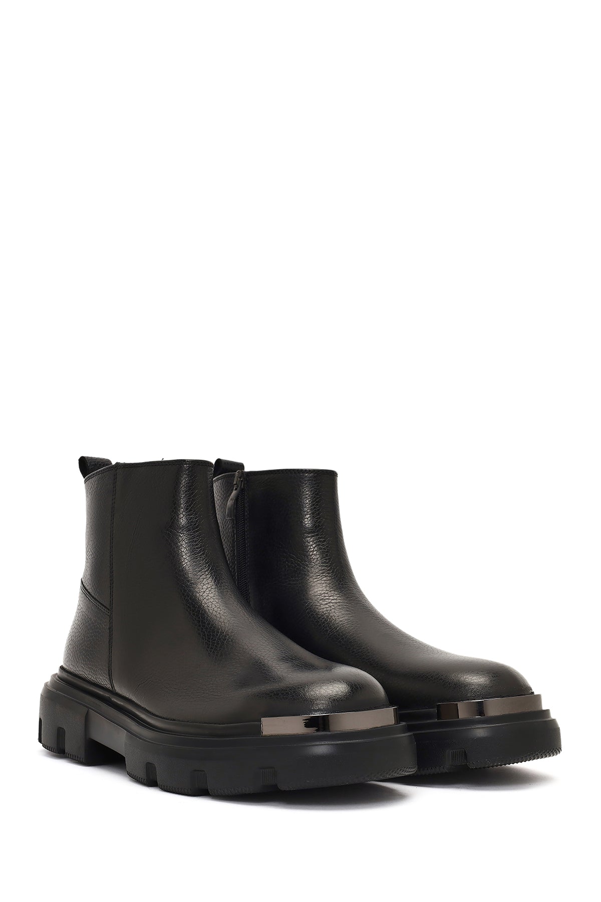 Erkek Siyah Fermuarlı Kalın Tabanlı Deri Casual Bot