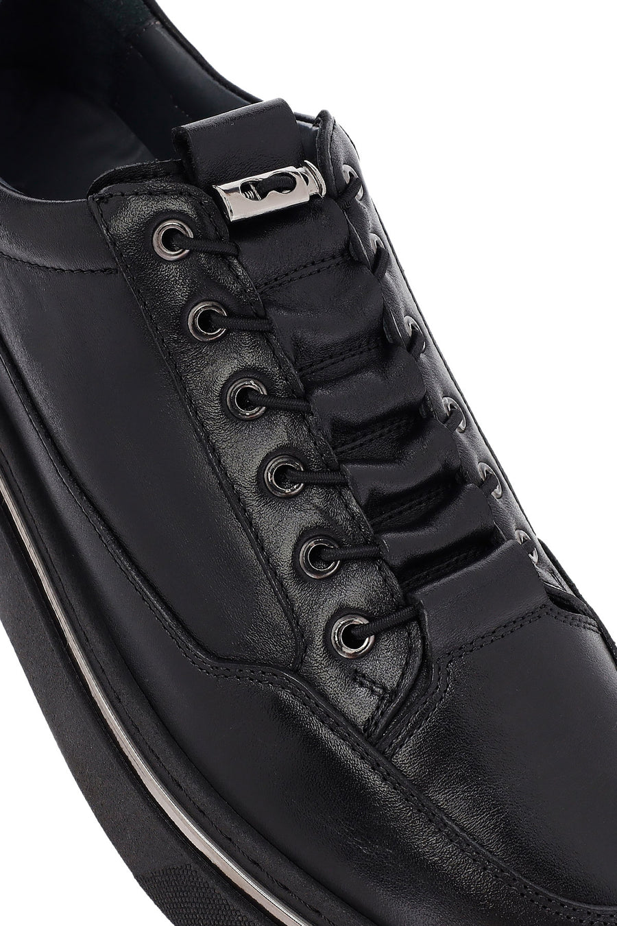 Erkek Siyah Bağcıklı Deri Sneaker