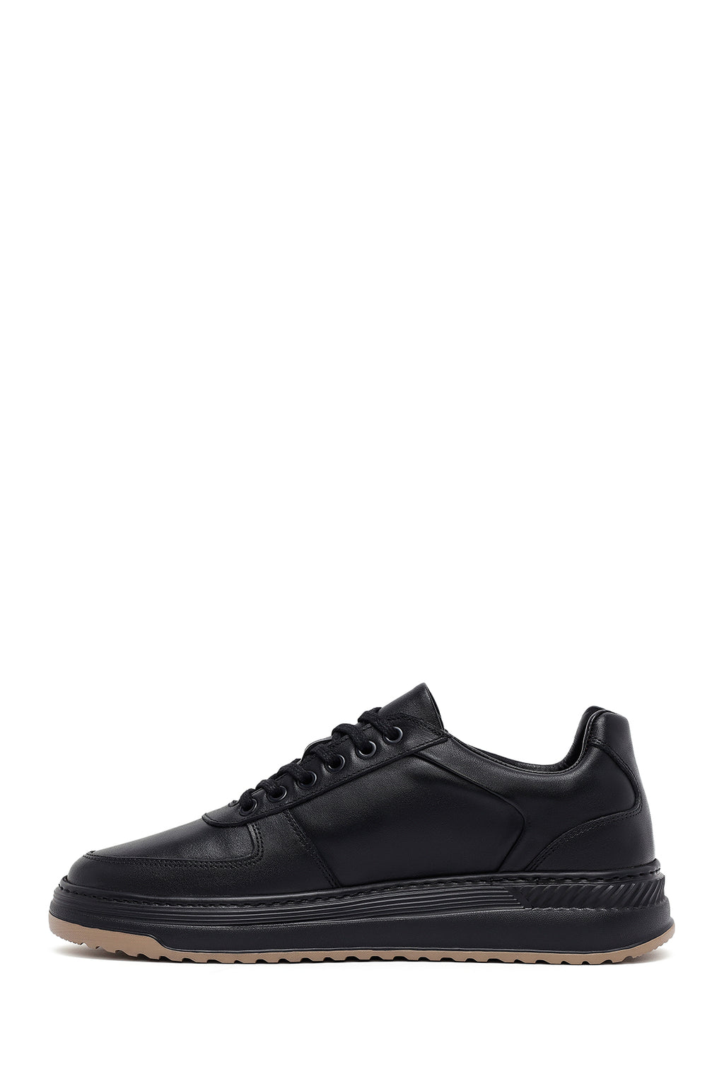 Erkek Siyah Bağcıklı Kalın Tabanlı Deri Sneaker