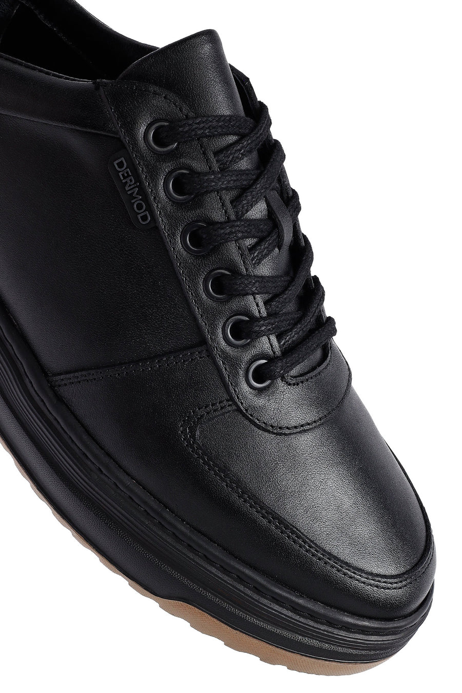 Erkek Siyah Bağcıklı Kalın Tabanlı Deri Sneaker