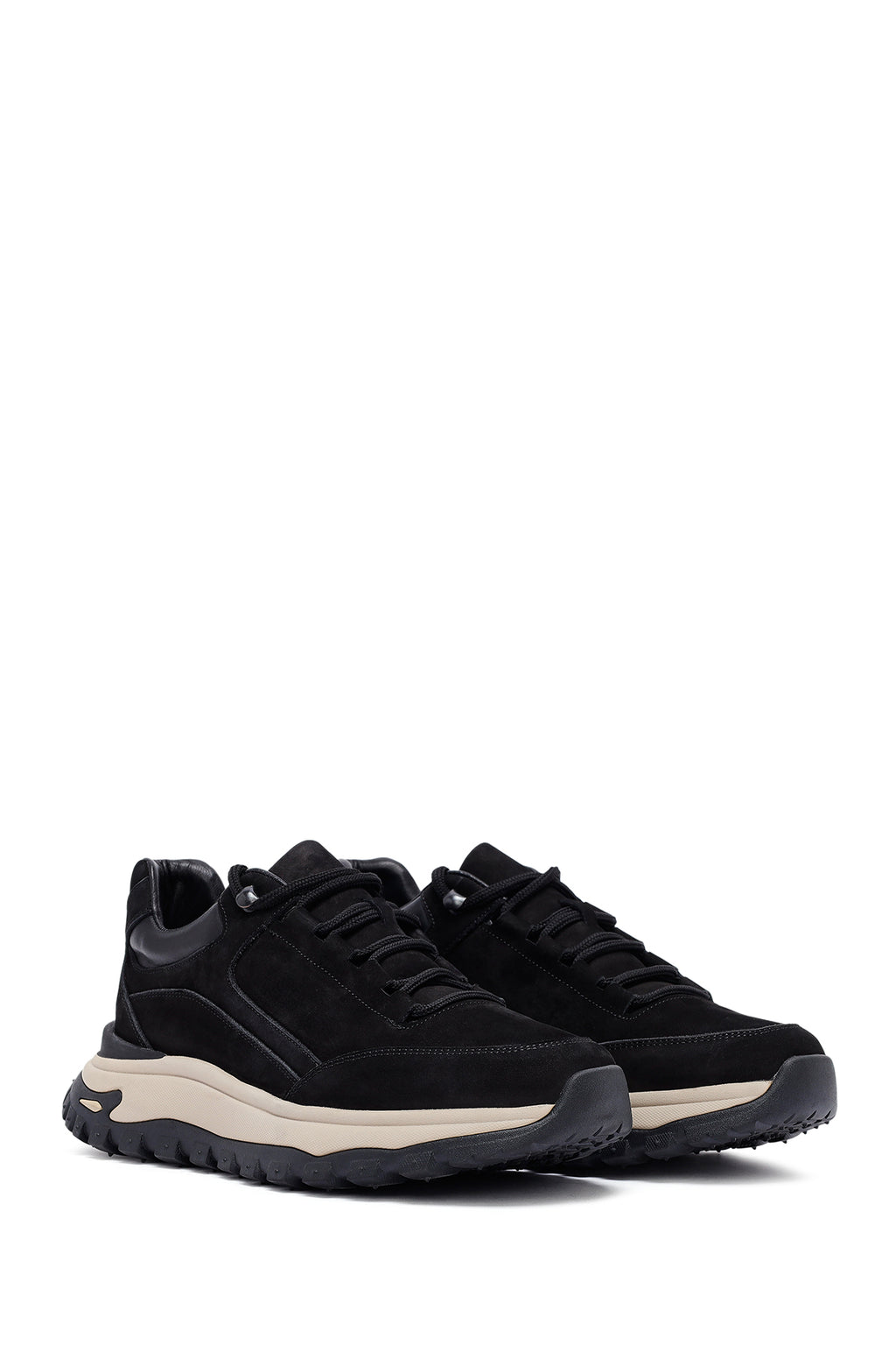 Erkek Siyah Bağcıklı Kalın Tabanlı Nubuk Deri Casual Sneaker
