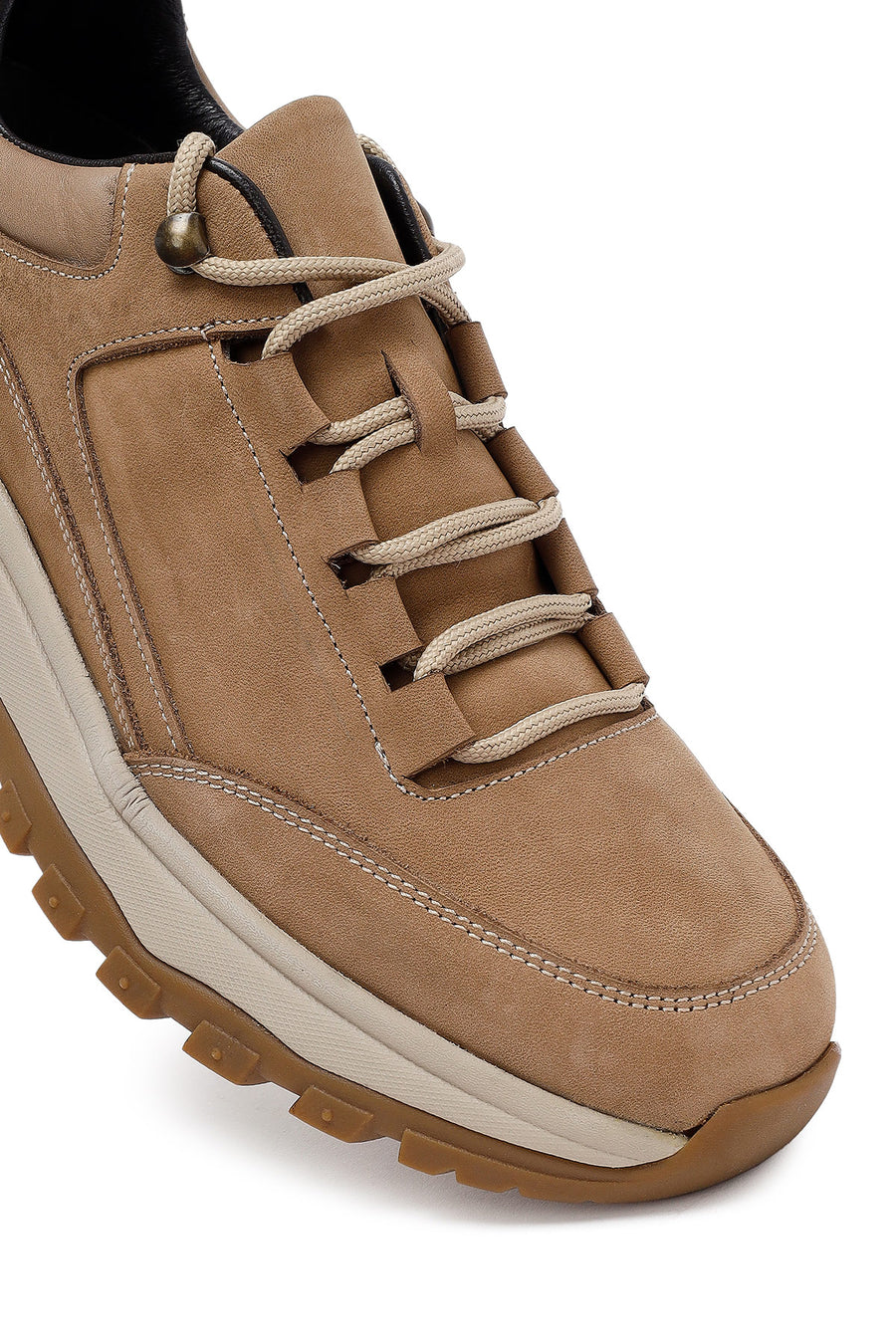 Men's Beige Lace-Up Thick-Soled Nubuck Leather Casual Sneaker