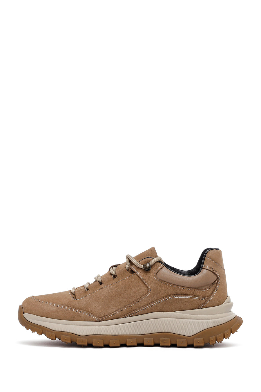 Men's Beige Lace-Up Thick-Soled Nubuck Leather Casual Sneaker
