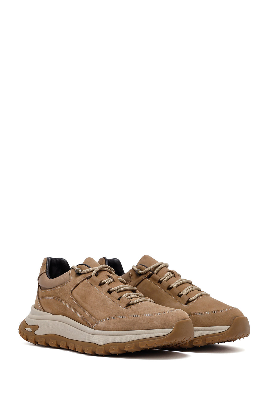 Men's Beige Lace-Up Thick-Soled Nubuck Leather Casual Sneaker