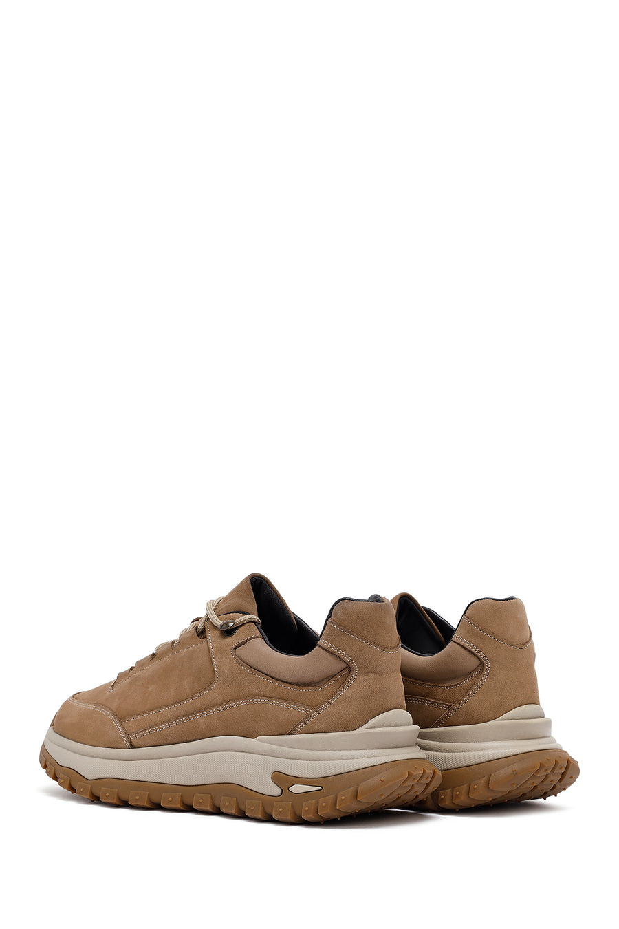 Men's Beige Lace-Up Thick-Soled Nubuck Leather Casual Sneaker
