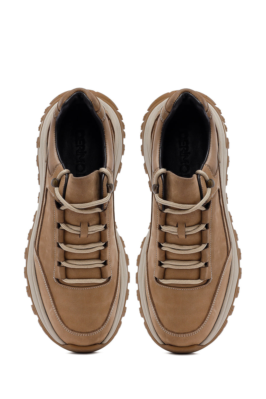 Men's Beige Lace-Up Thick-Soled Nubuck Leather Casual Sneaker