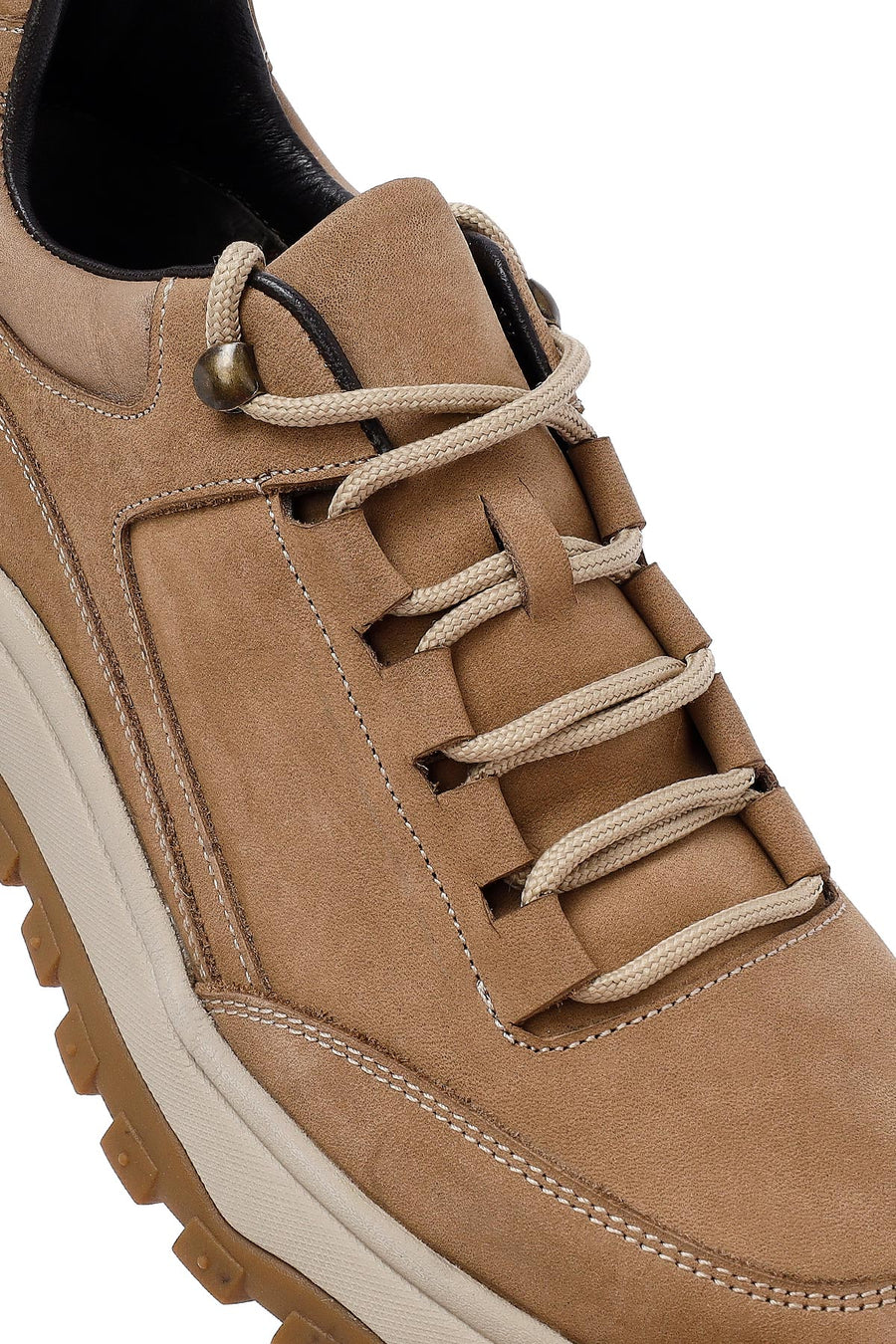 Men's Beige Lace-Up Thick-Soled Nubuck Leather Casual Sneaker