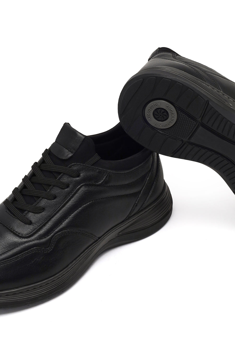 Erkek Siyah Bağcıklı Kalın Tabanlı Deri Casual Sneaker