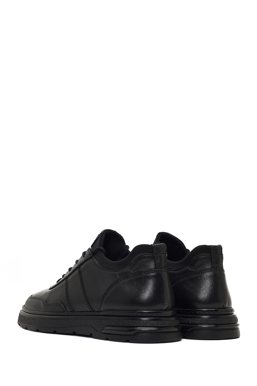 Men's Black Lace-Up Thick-Soled Leather Casual Sneaker