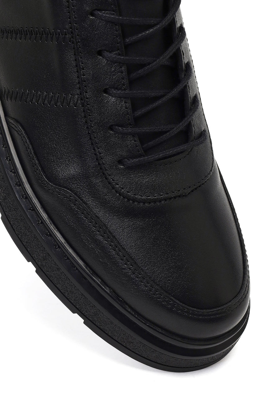 Men's Black Lace-Up Thick-Soled Leather Casual Sneaker