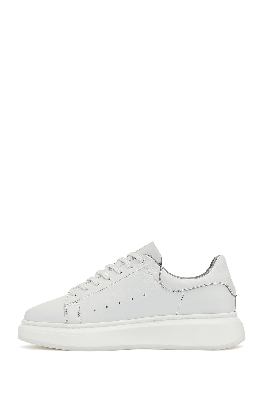 Men's White Lace-Up Thick-Soled Leather Sneaker