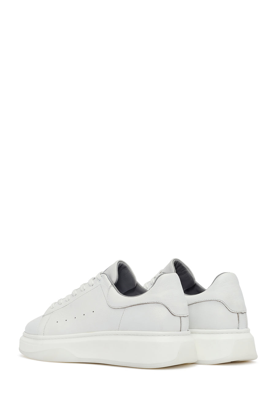 Men's White Lace-Up Thick-Soled Leather Sneaker