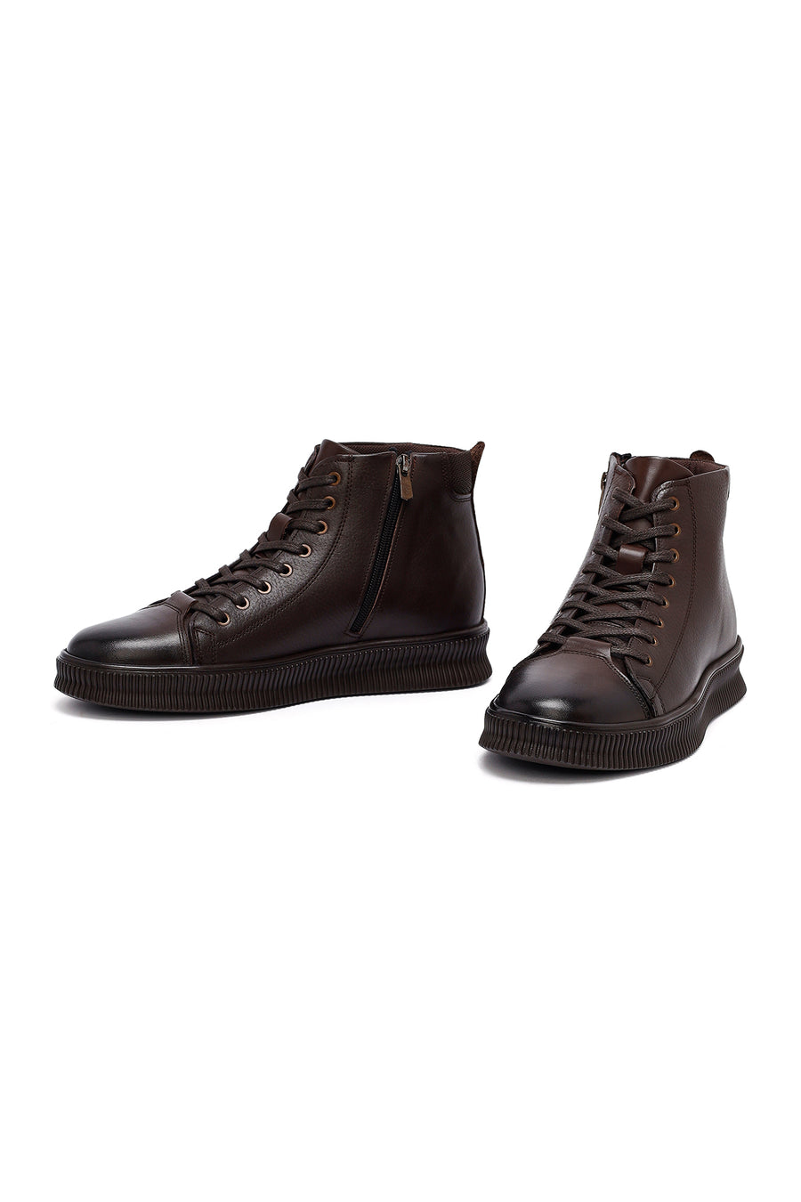 Men's Brown Lace-Up Zipper Leather Sports Boots