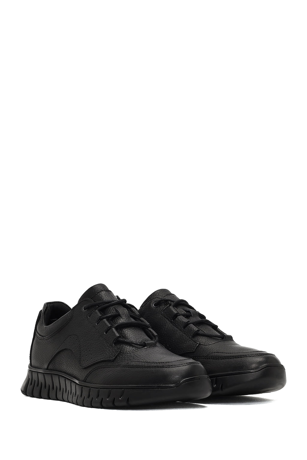 Erkek Siyah Bağcıklı Kalın Tabanlı Deri Casual Sneaker