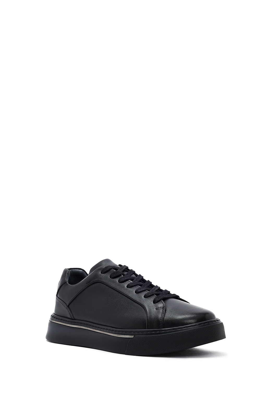 Erkek Siyah Bağcıklı Kalın Tabanlı Deri Sneaker