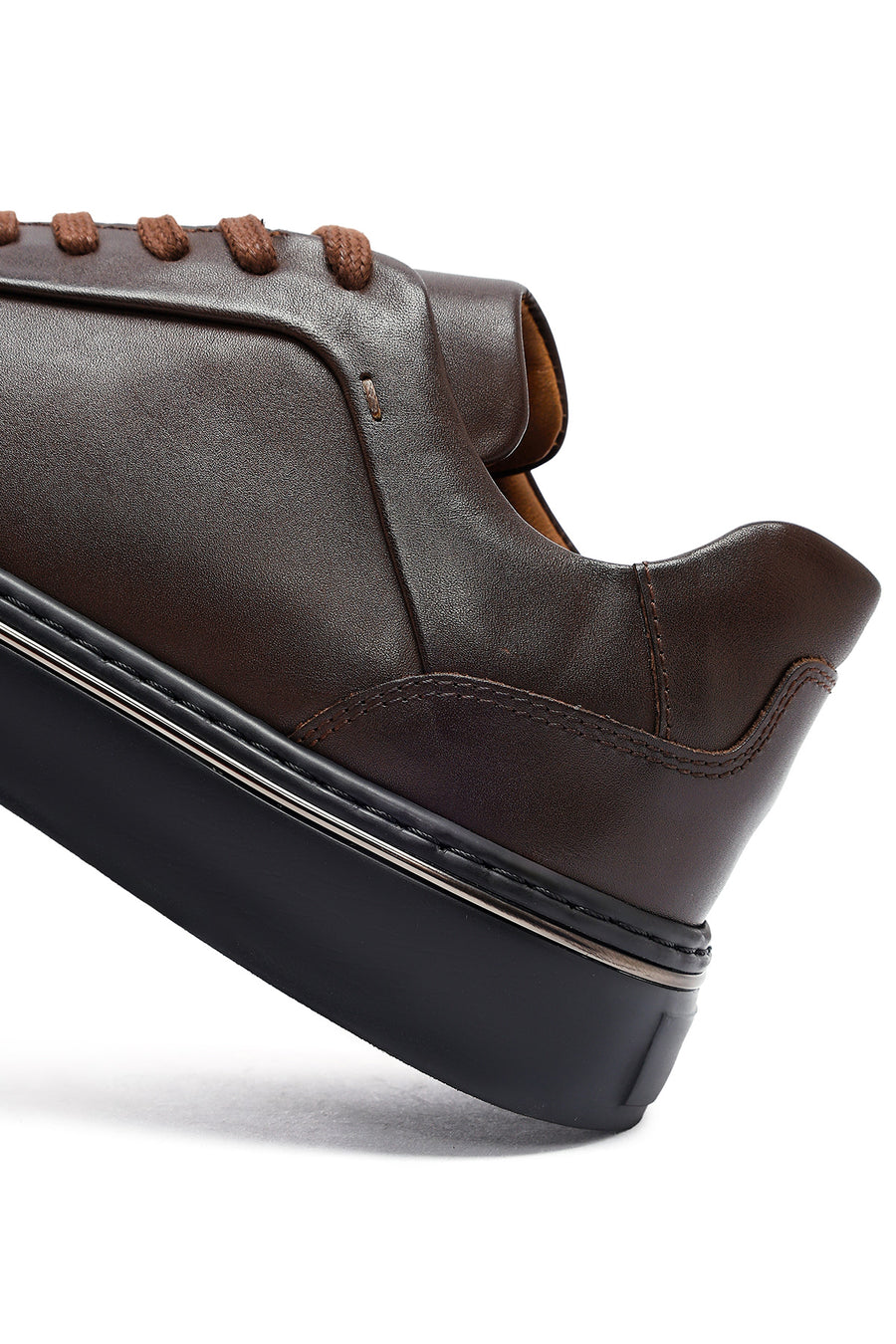 Erkek Kahverengi Bağcıklı Kalın Tabanlı Deri Sneaker