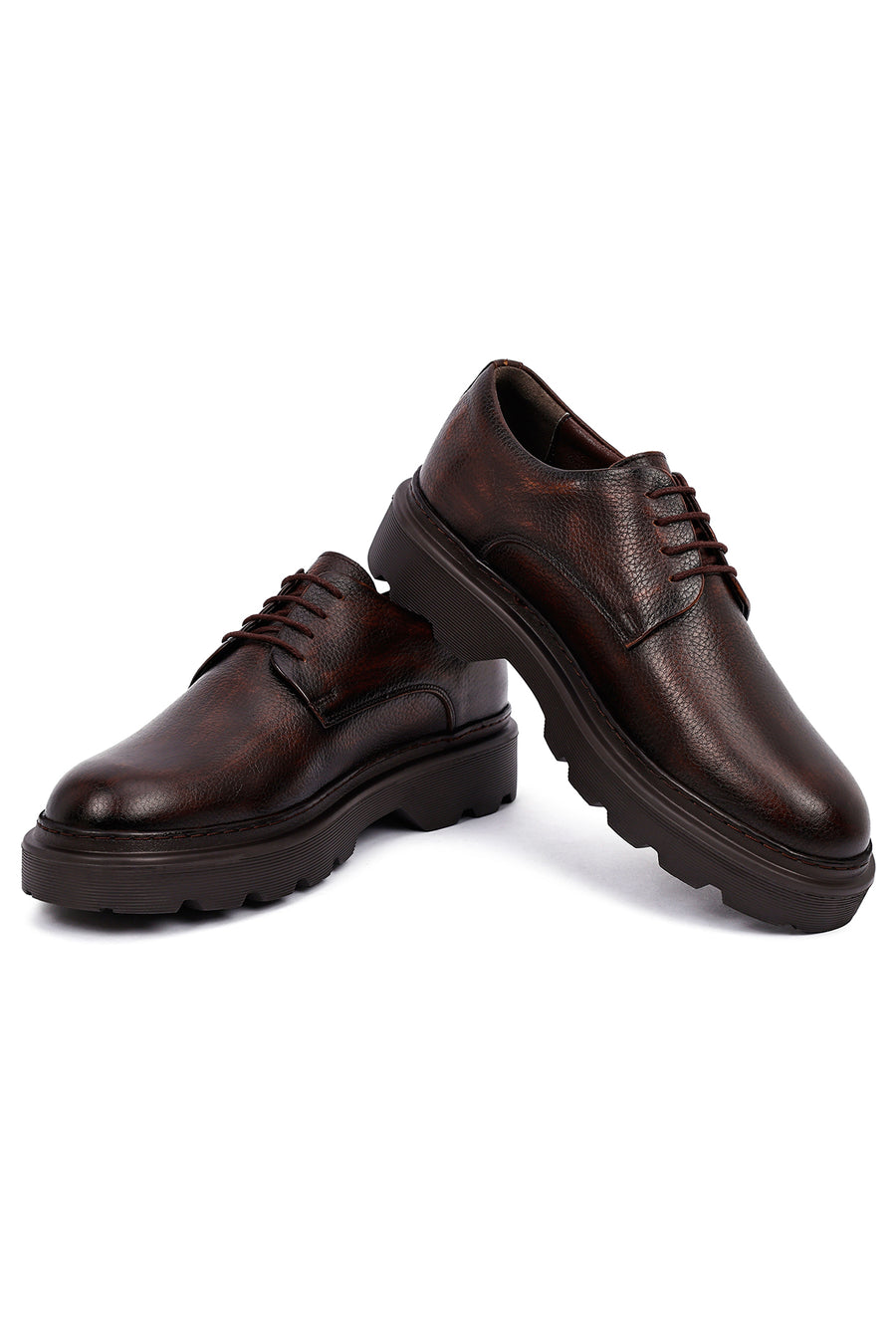 Men's Brown Lace-Up Thick-Soled Leather Casual Shoes