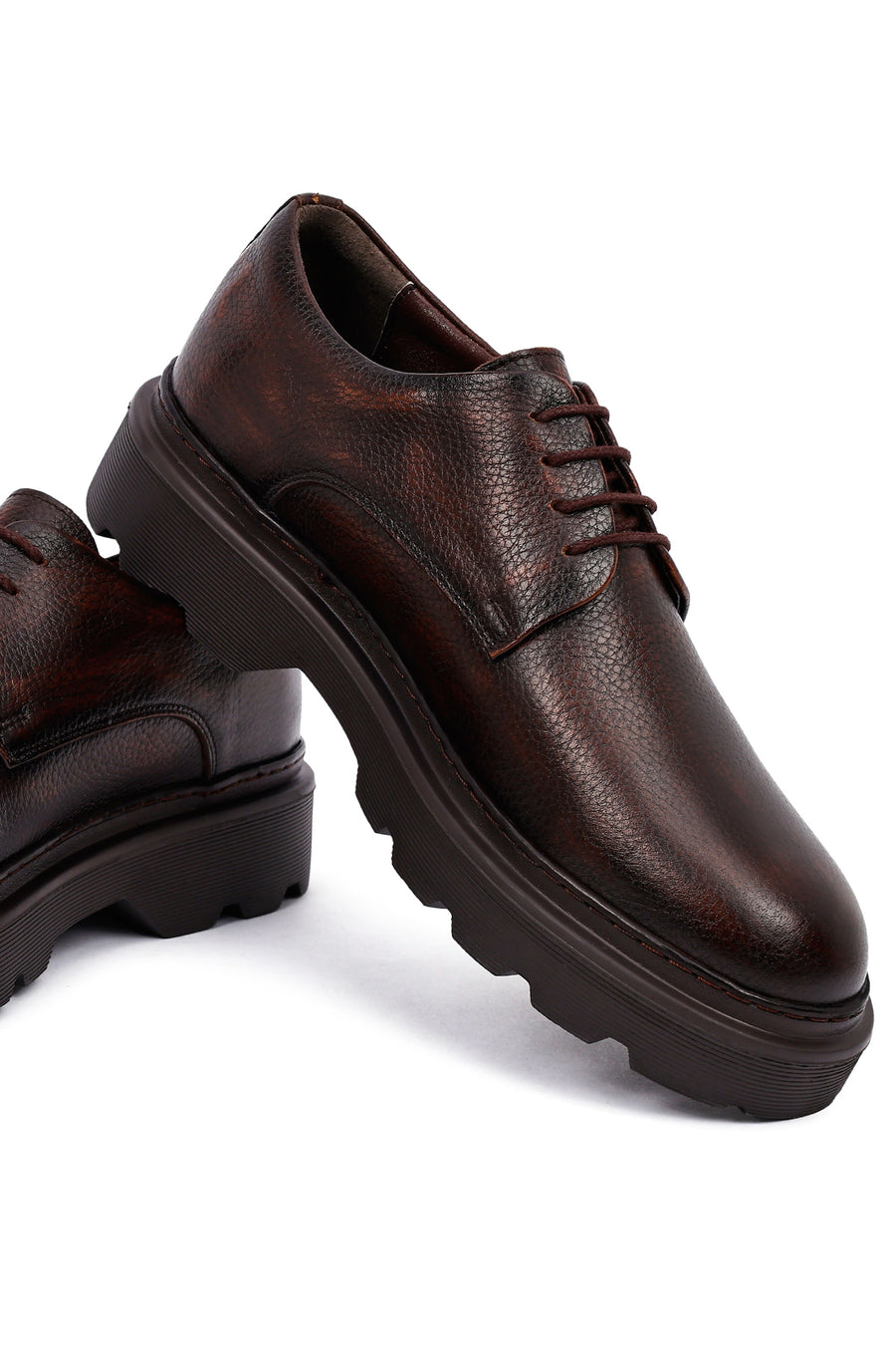 Men's Brown Lace-Up Thick-Soled Leather Casual Shoes