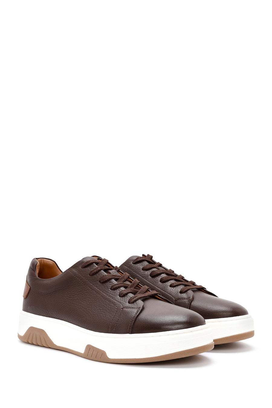 Men's Brown Lace-Up Thick-Soled Leather Sneakers