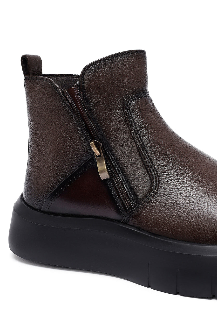 Men's Brown Zippered Thick Sole Leather Boat