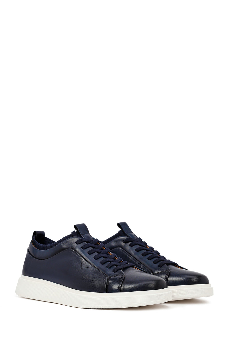 Erkek Lacivert Bağcıklı Kalın Tabanlı Deri Sneaker