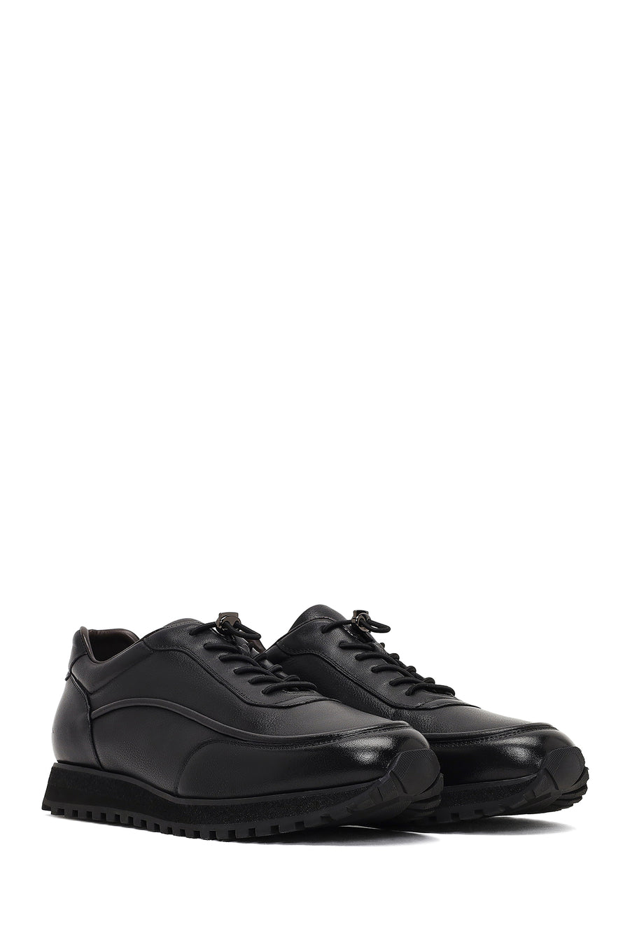 Men's Black Lace-Up Thick-Soled Leather Casual Sneaker