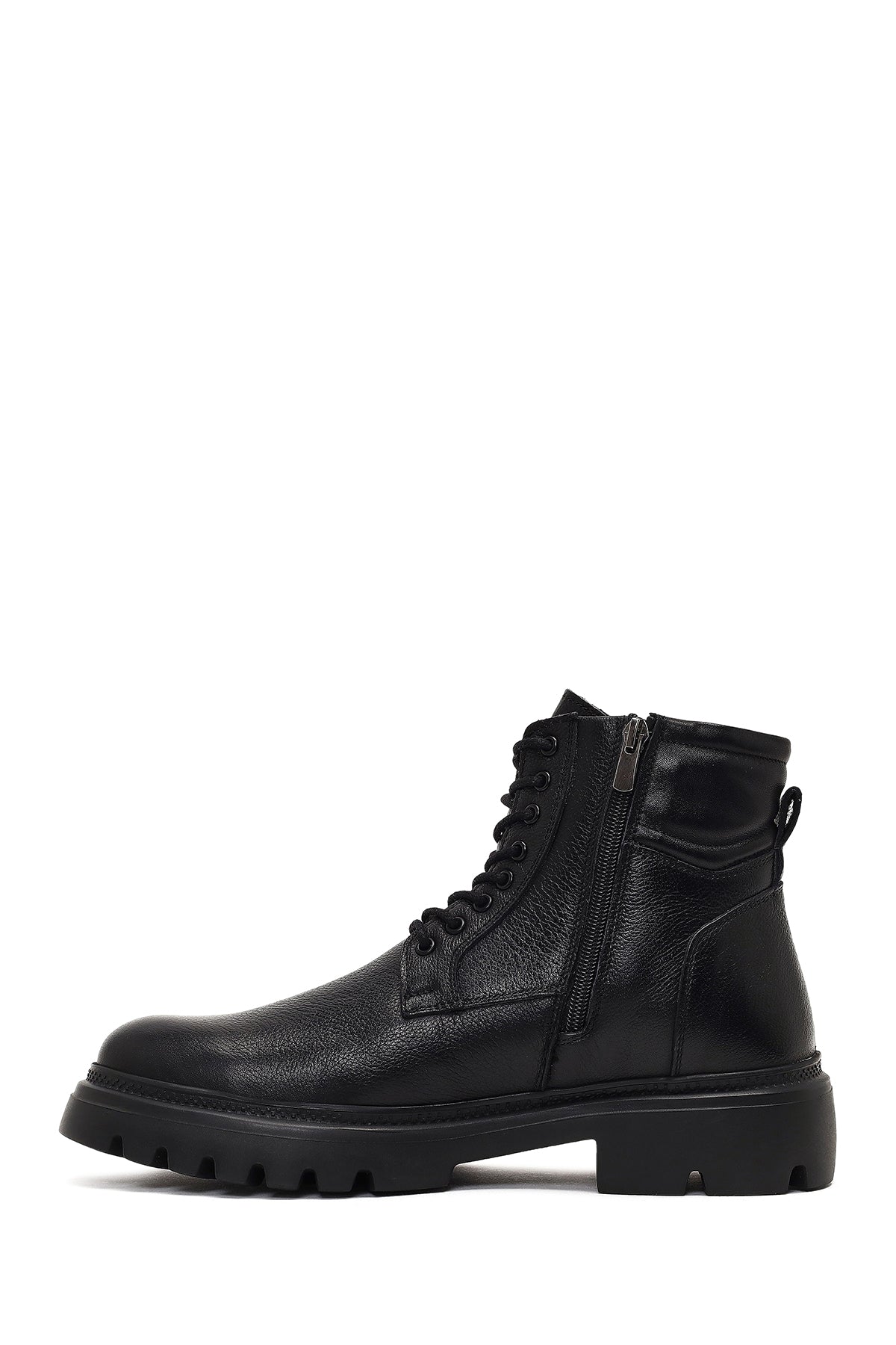 Erkek Siyah Fermuarlı Kalın Tabanlı Deri Bot