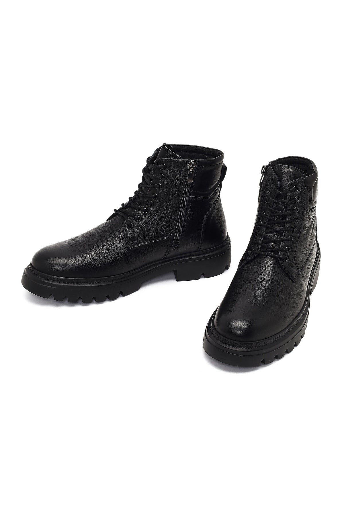 Erkek Siyah Fermuarlı Kalın Tabanlı Deri Bot