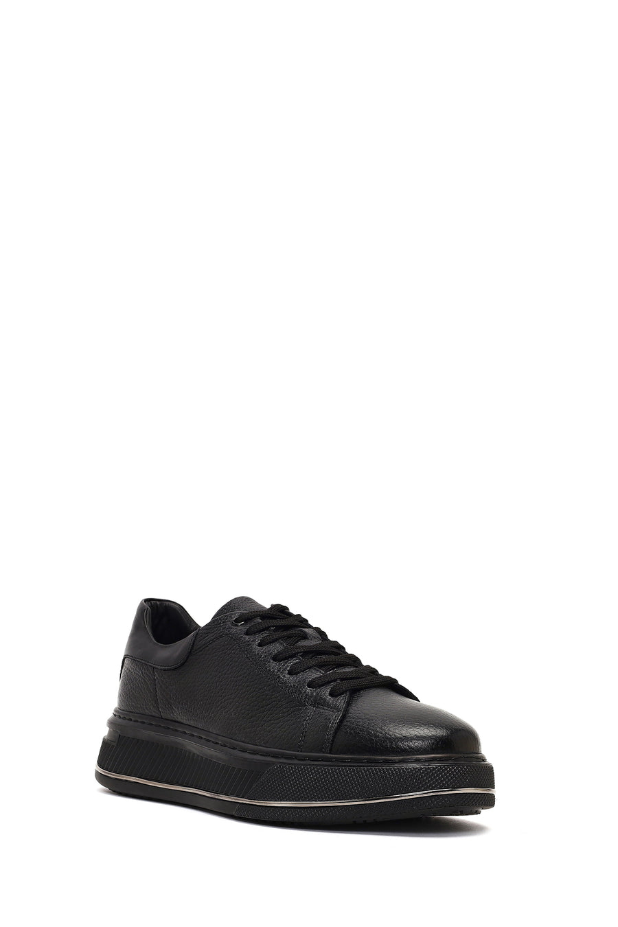 Erkek Siyah Bağcıklı Kalın Tabanlı Deri Sneaker