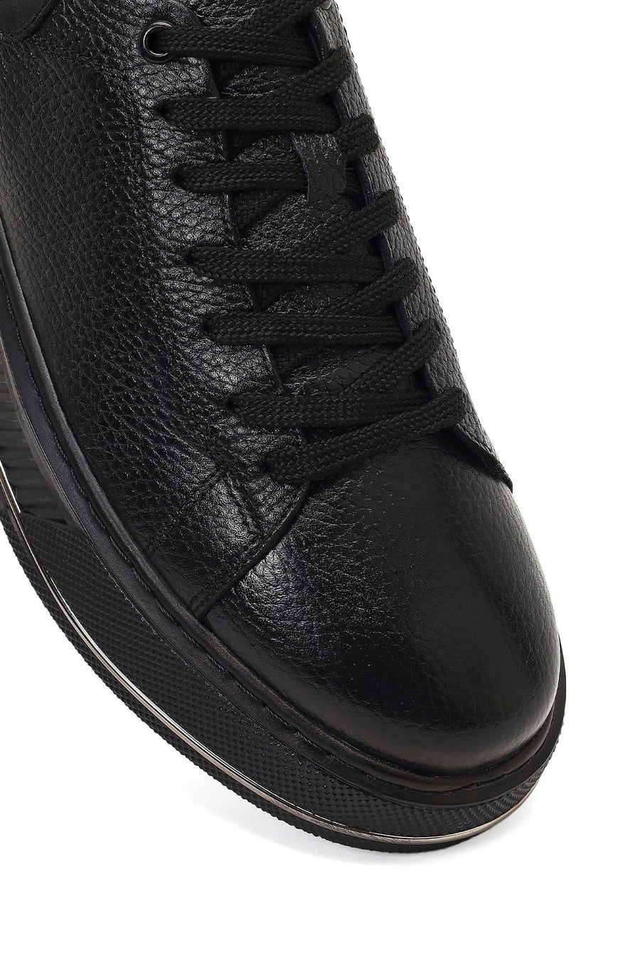Erkek Siyah Bağcıklı Kalın Tabanlı Deri Sneaker