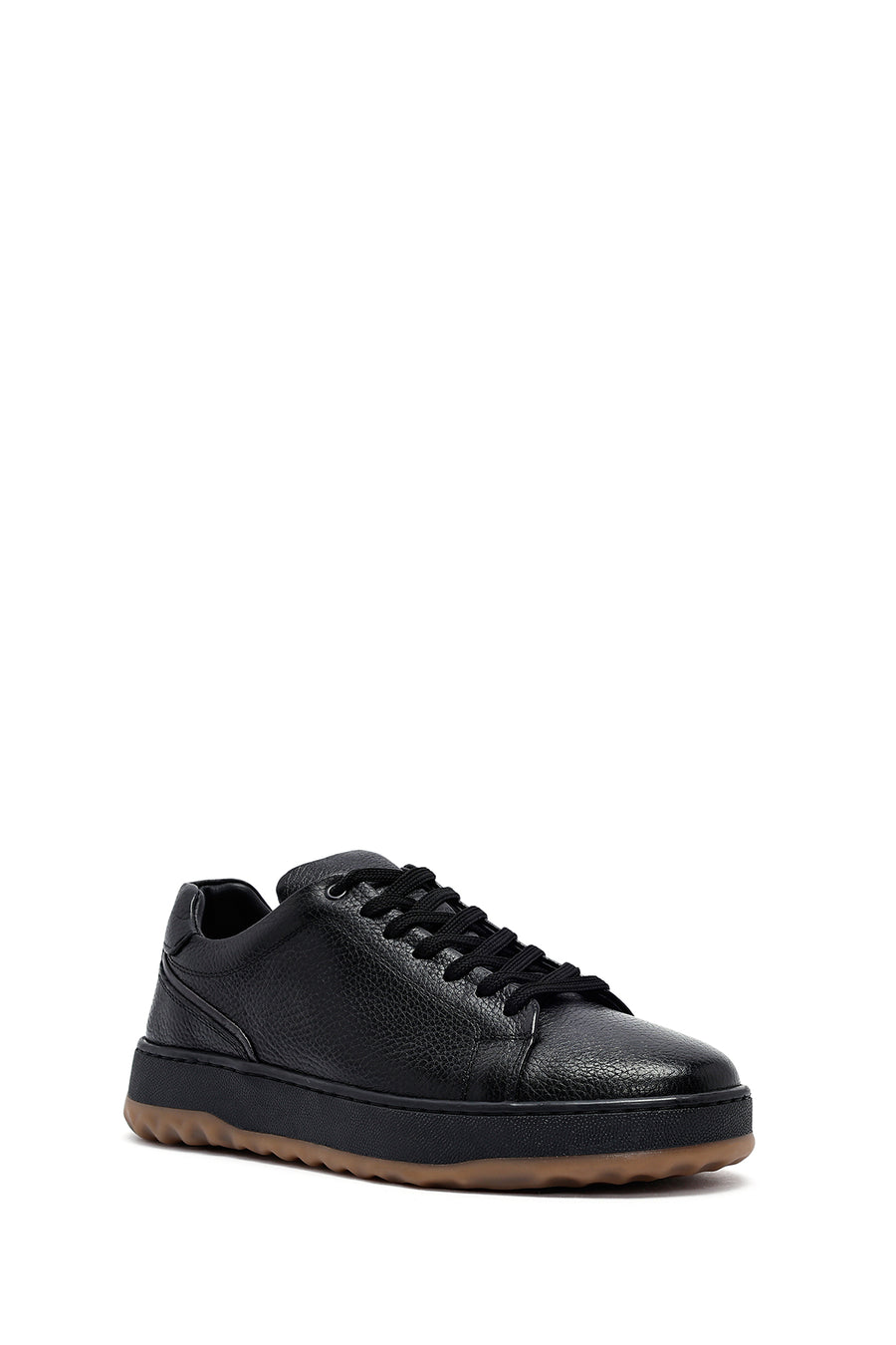 Erkek Siyah Bağcıklı Kalın Tabanlı Deri Sneaker