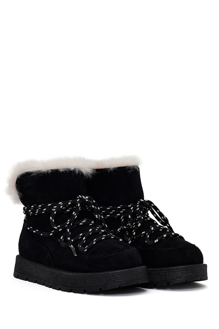 Women's Black Lace-Up Chunky Sole Suede Teddy Boots