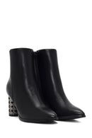 Women's Black Zippered Patterned Thick Heeled Boots | Derimod