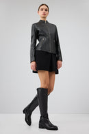 Delano Women's Black Short Leather Jacket | Derimod