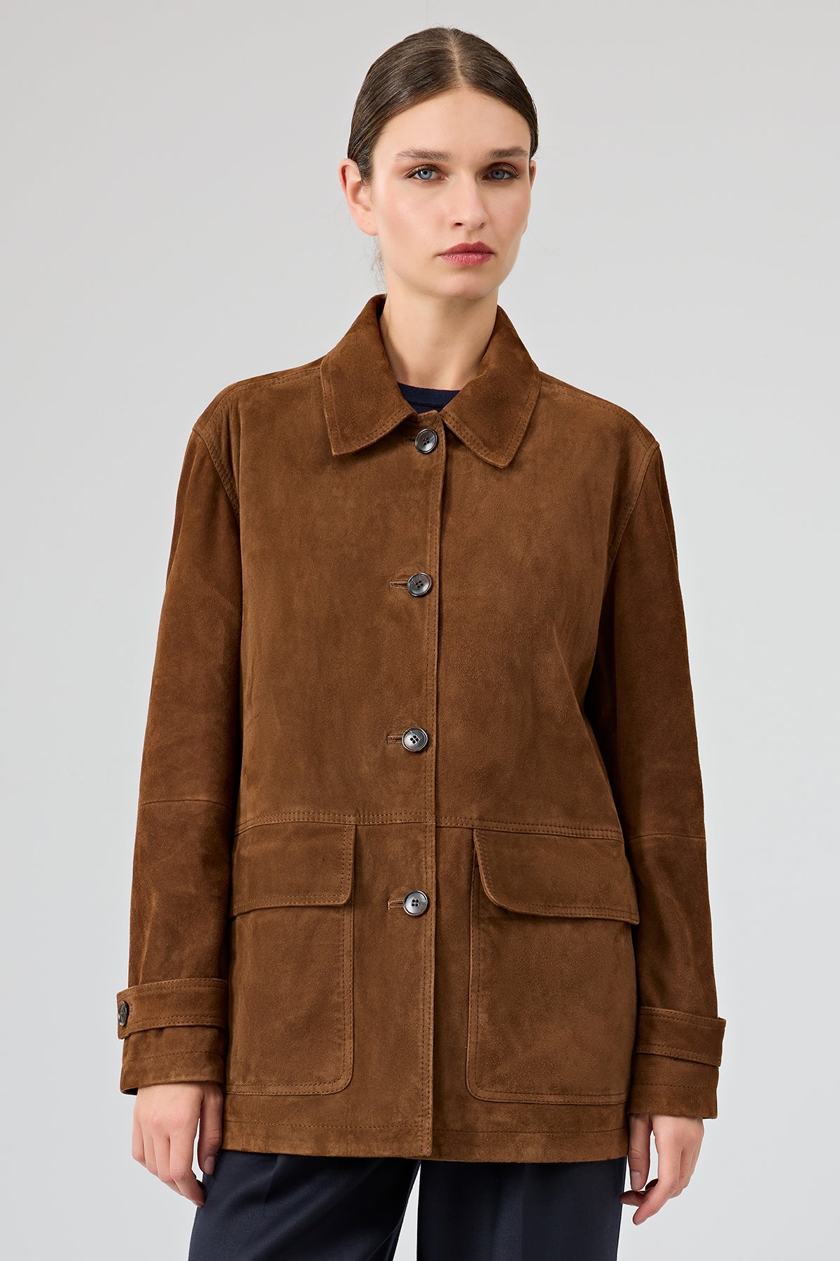 Petra Kadın Kahverengi Gömlek Yaka Oversize Süet Deri Ceket